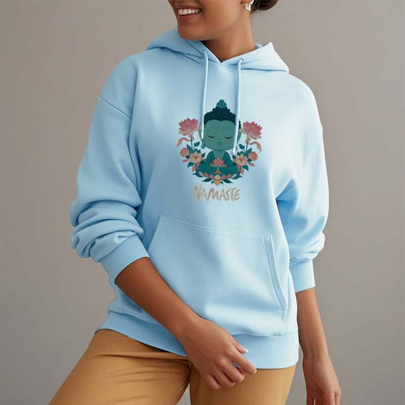 Sudadera con capucha de poliéster con forro polar y diseño de meditación de Buda y loto NAMASTE de Mythstone 