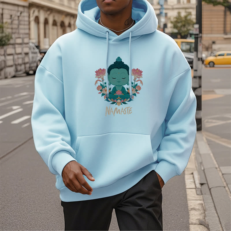 Sudadera con capucha de poliéster con forro polar y diseño de meditación de Buda y loto NAMASTE de Mythstone 