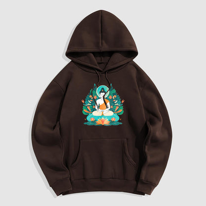 Sudadera con capucha de poliéster con forro polar y diseño de bodhisattva, flor, hierba y loto de Mythstone 