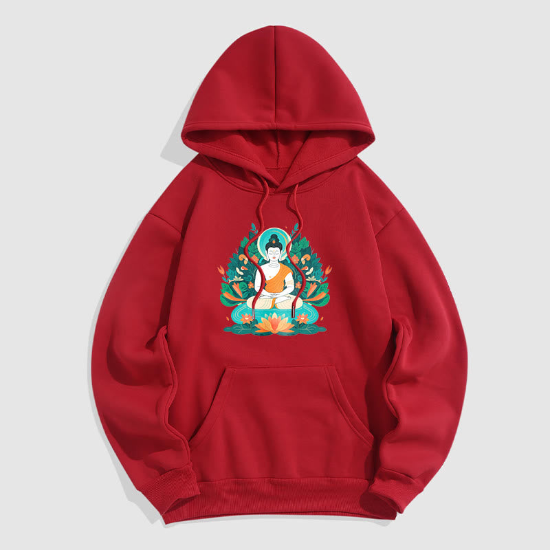 Sudadera con capucha de poliéster con forro polar y diseño de bodhisattva, flor, hierba y loto de Mythstone 