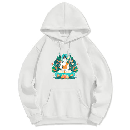 Sudadera con capucha de poliéster con forro polar y diseño de bodhisattva, flor, hierba y loto de Mythstone 