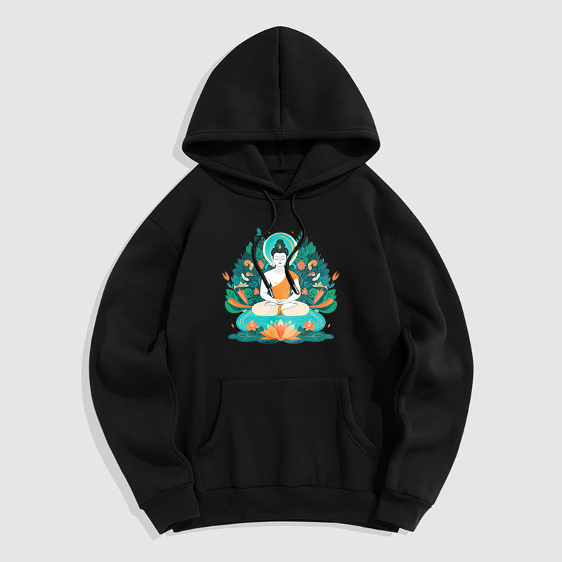 Sudadera con capucha de poliéster con forro polar y diseño de bodhisattva, flor, hierba y loto de Mythstone 