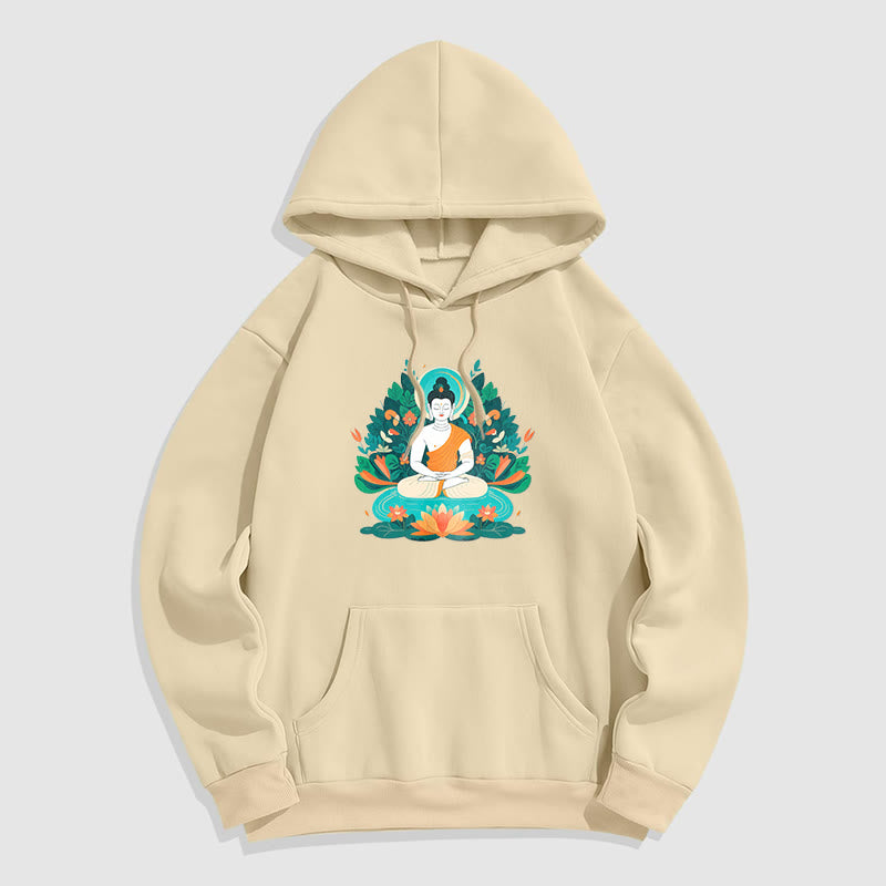 Sudadera con capucha de poliéster con forro polar y diseño de bodhisattva, flor, hierba y loto de Mythstone 