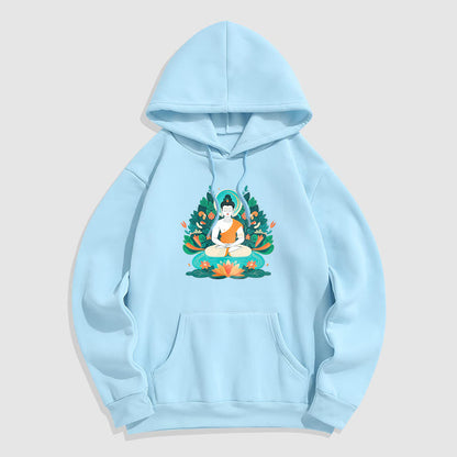 Sudadera con capucha de poliéster con forro polar y diseño de bodhisattva, flor, hierba y loto de Mythstone 