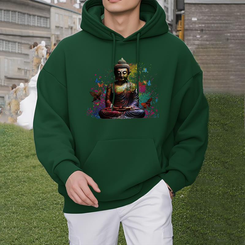 Mythstone Colorful Butterfly Flying Meditation Buddha Polyester Fleece Lined Hoodie