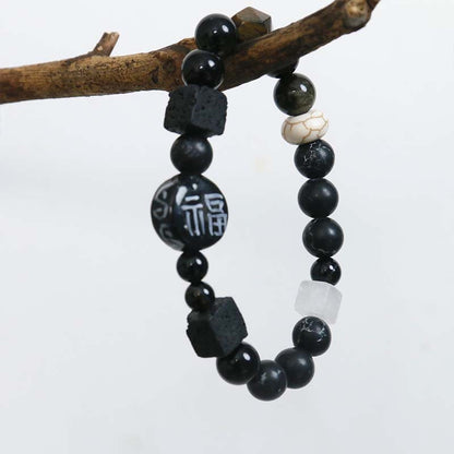 Mythstone Black Onyx Ceramics Agate Black Glitter Stone Fortune Fu Character Bracelet