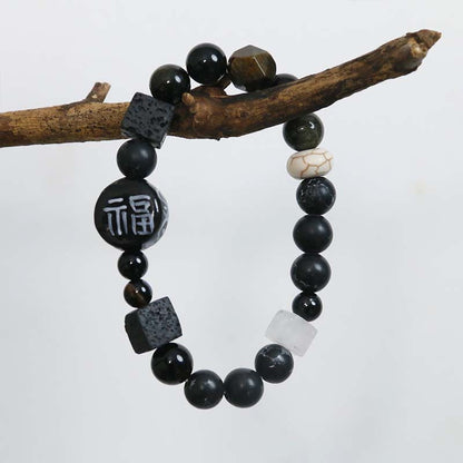 Mythstone Black Onyx Ceramics Agate Black Glitter Stone Fortune Fu Character Bracelet