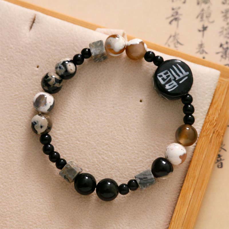 Mythstone Black Onyx Ceramics Agate Black Glitter Stone Fortune Fu Character Bracelet