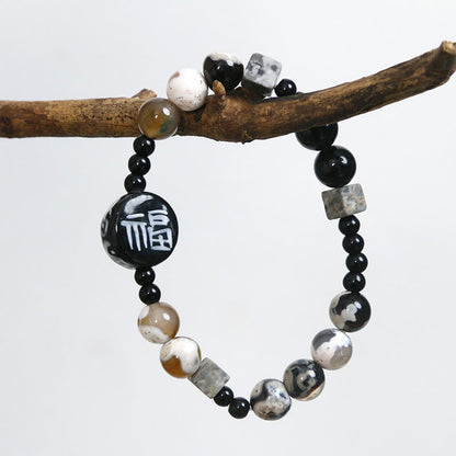 Mythstone Black Onyx Ceramics Agate Black Glitter Stone Fortune Fu Character Bracelet