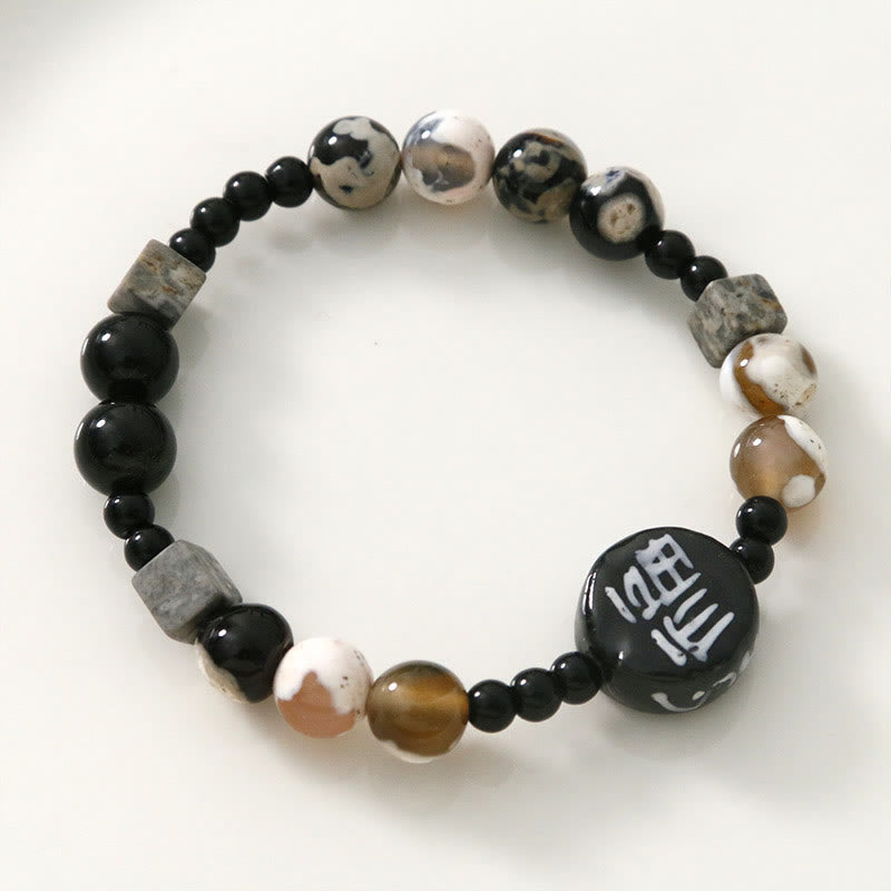 Mythstone Black Onyx Ceramics Agate Black Glitter Stone Fortune Fu Character Bracelet