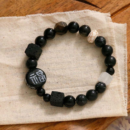 Mythstone Black Onyx Ceramics Agate Black Glitter Stone Fortune Fu Character Bracelet