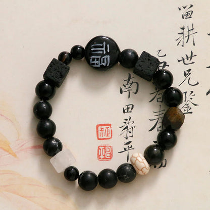 Mythstone Black Onyx Ceramics Agate Black Glitter Stone Fortune Fu Character Bracelet