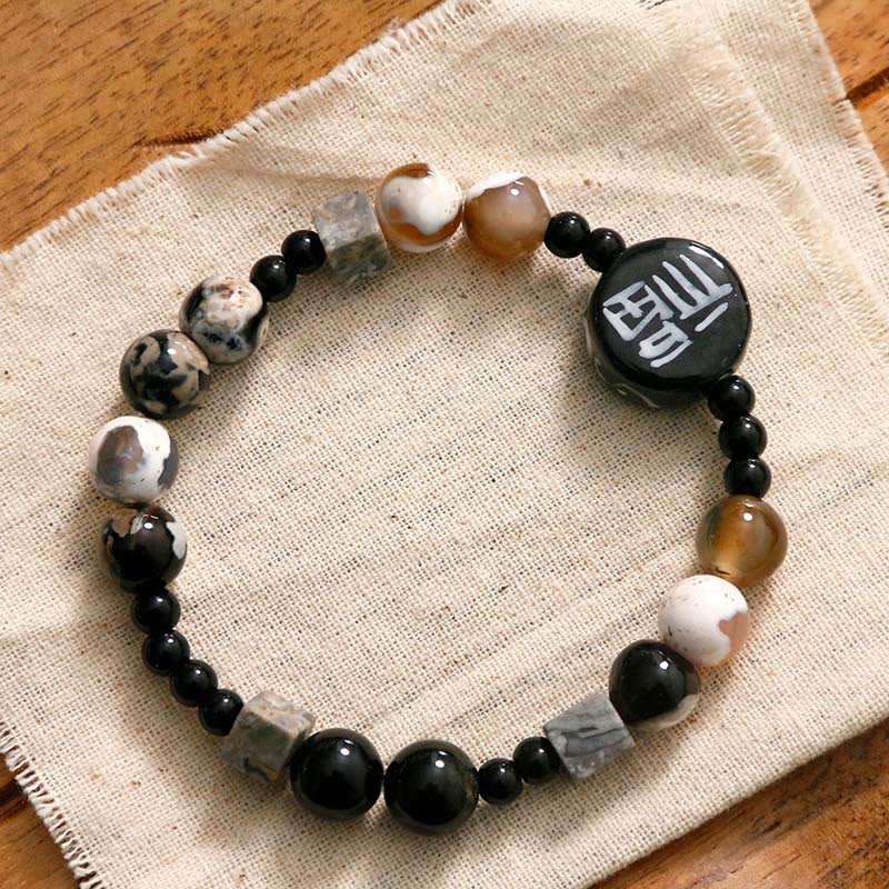 Mythstone Black Onyx Ceramics Agate Black Glitter Stone Fortune Fu Character Bracelet