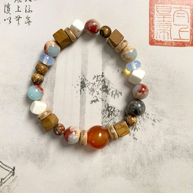 Mythstone Red Agate Shoushan Stone White Turquoise Calm Blessing Bracelet