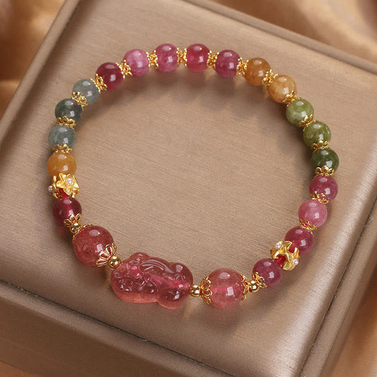 Mythstone Tourmaline Strawberry Quartz Pink Crystal PIXIU Love Bracelet