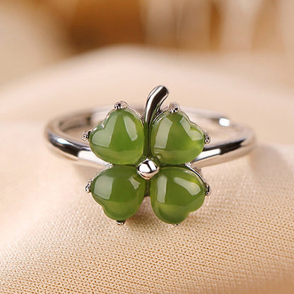 Mythstone 925 Sterling Silver Plated Gold Clover Hetian Cyan Jade Abundance Adjustable Ring