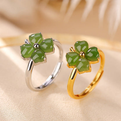 Mythstone 925 Sterling Silver Plated Gold Clover Hetian Cyan Jade Abundance Adjustable Ring