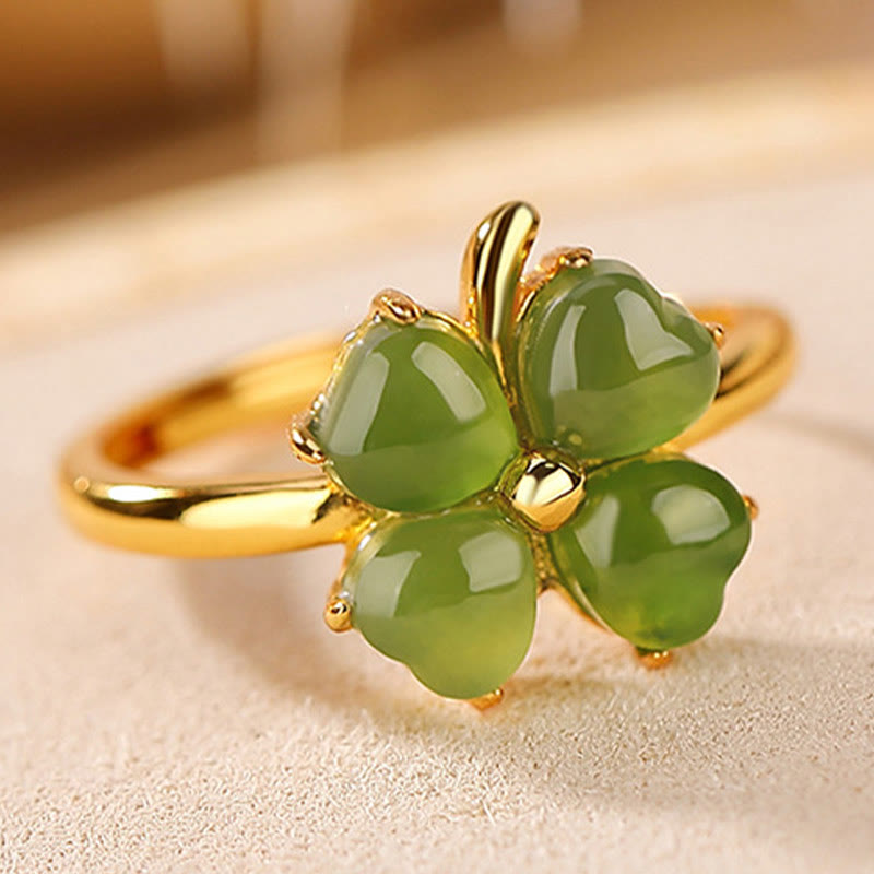 Mythstone 925 Sterling Silver Plated Gold Clover Hetian Cyan Jade Abundance Adjustable Ring