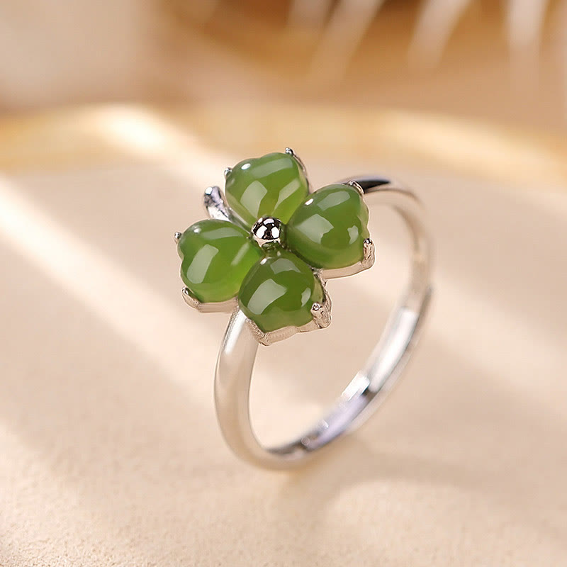 Mythstone 925 Sterling Silver Plated Gold Clover Hetian Cyan Jade Abundance Adjustable Ring