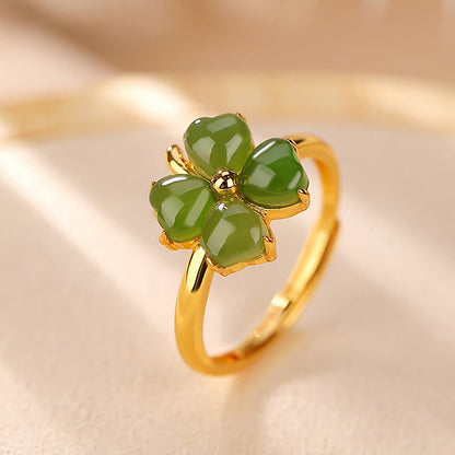 Mythstone 925 Sterling Silver Plated Gold Clover Hetian Cyan Jade Abundance Adjustable Ring