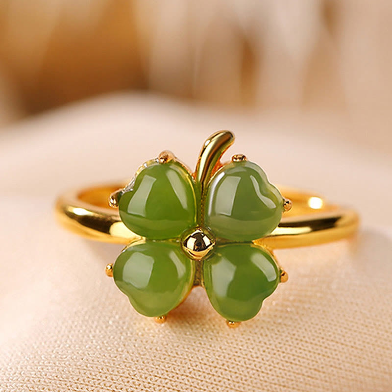 Mythstone 925 Sterling Silver Plated Gold Clover Hetian Cyan Jade Abundance Adjustable Ring