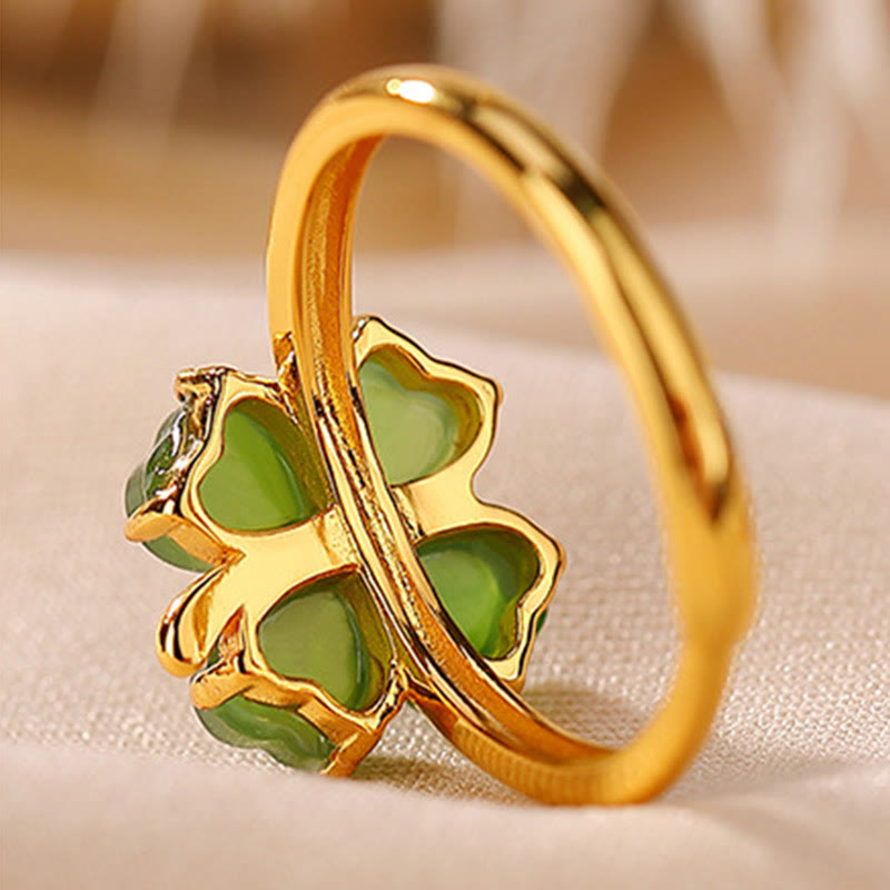 Mythstone 925 Sterling Silver Plated Gold Clover Hetian Cyan Jade Abundance Adjustable Ring