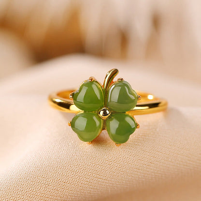 Mythstone 925 Sterling Silver Plated Gold Clover Hetian Cyan Jade Abundance Adjustable Ring