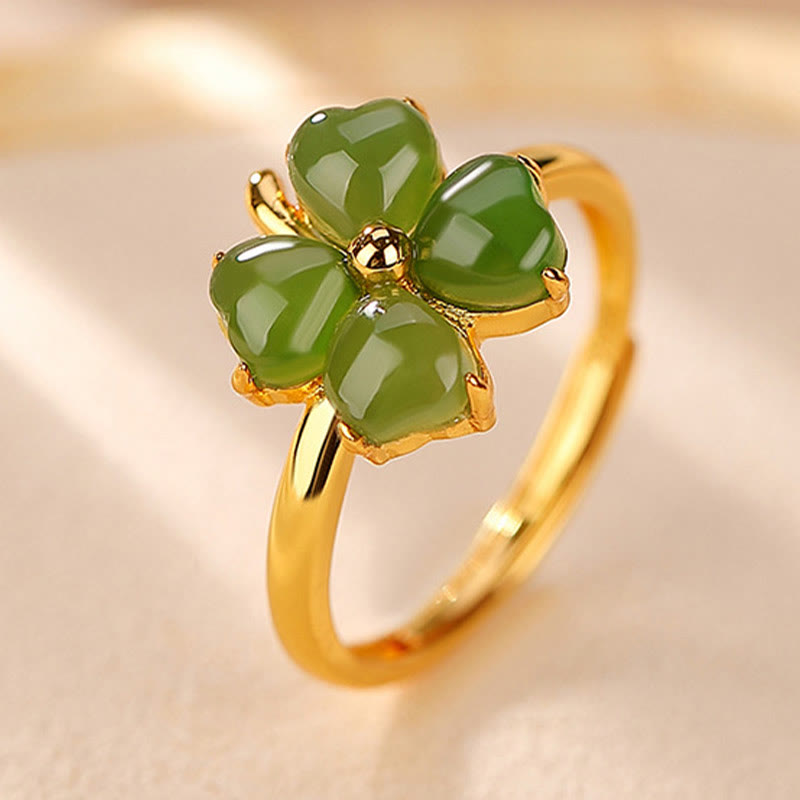 Mythstone 925 Sterling Silver Plated Gold Clover Hetian Cyan Jade Abundance Adjustable Ring