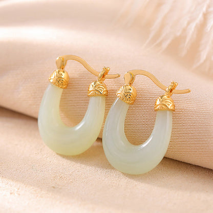 Mythstone 925 Sterling Silver Plated Gold Hetian Jade U-shaped Abundance Luck Earrings