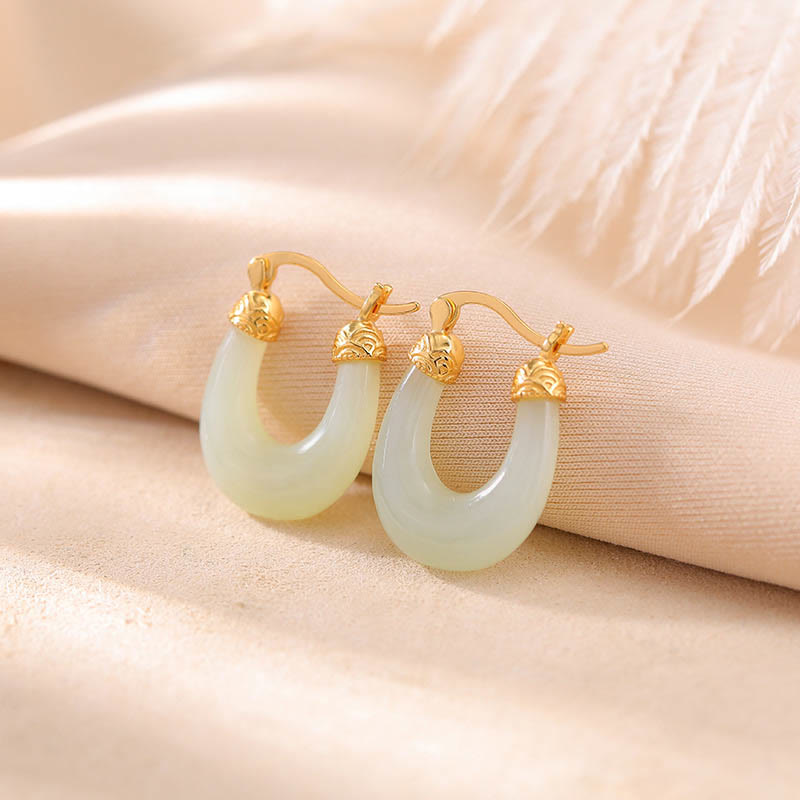 Mythstone 925 Sterling Silver Plated Gold Hetian Jade U-shaped Abundance Luck Earrings