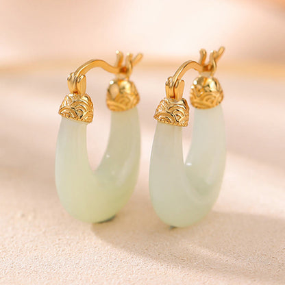 Mythstone 925 Sterling Silver Plated Gold Hetian Jade U-shaped Abundance Luck Earrings