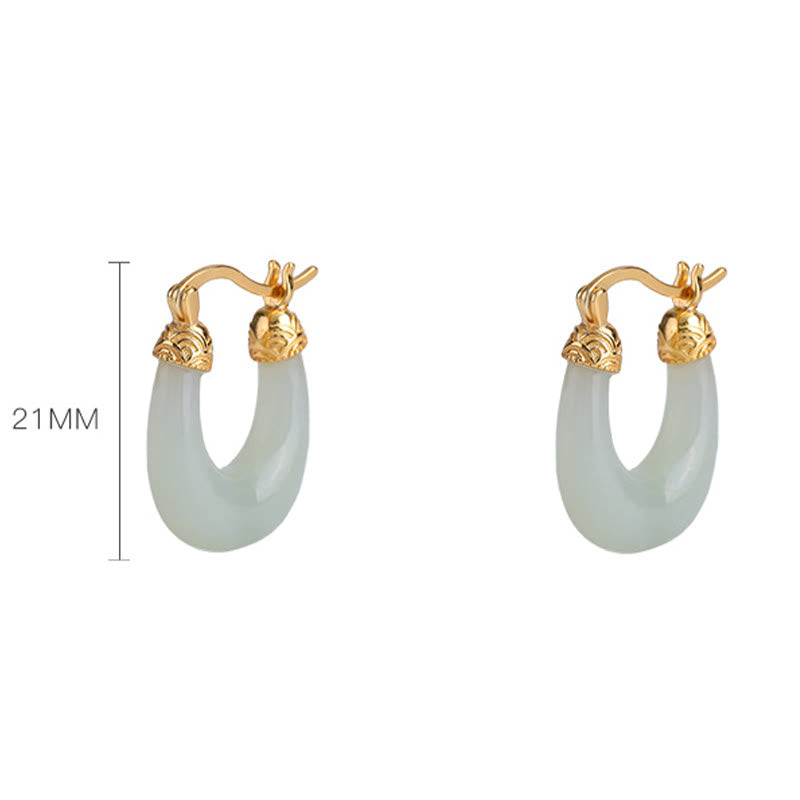 Mythstone 925 Sterling Silver Plated Gold Hetian Jade U-shaped Abundance Luck Earrings