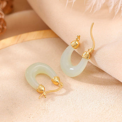 Mythstone 925 Sterling Silver Plated Gold Hetian Jade U-shaped Abundance Luck Earrings