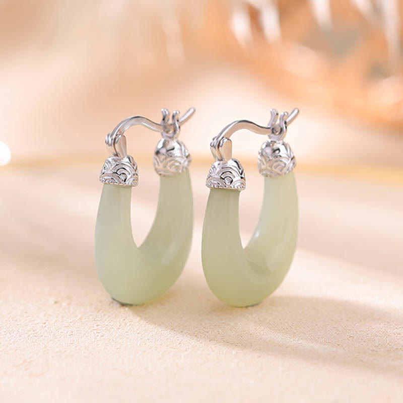 Mythstone 925 Sterling Silver Plated Gold Hetian Jade U-shaped Abundance Luck Earrings