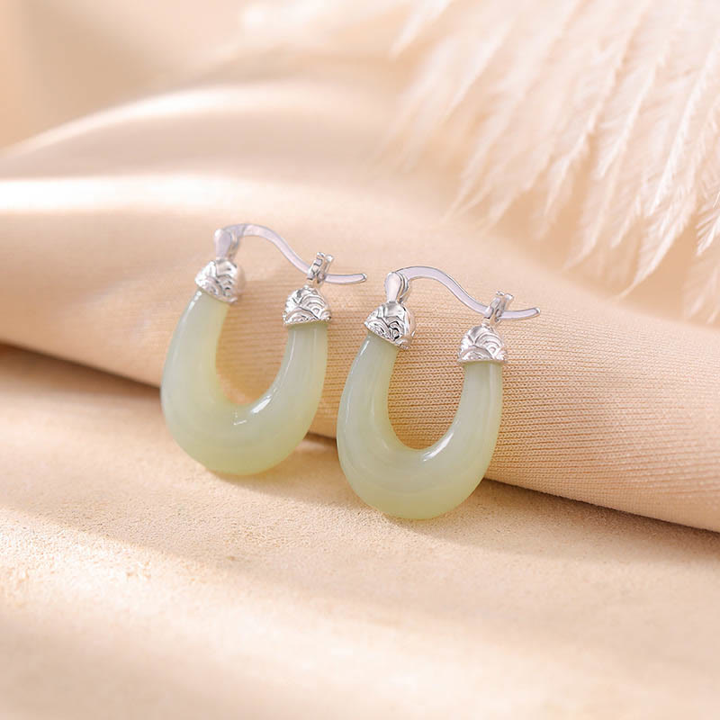 Mythstone 925 Sterling Silver Plated Gold Hetian Jade U-shaped Abundance Luck Earrings