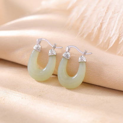 Mythstone 925 Sterling Silver Plated Gold Hetian Jade U-shaped Abundance Luck Earrings