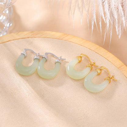 Mythstone 925 Sterling Silver Plated Gold Hetian Jade U-shaped Abundance Luck Earrings