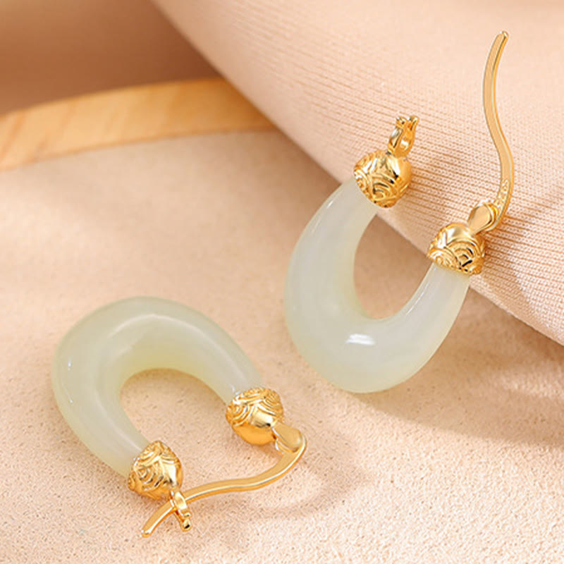 Mythstone 925 Sterling Silver Plated Gold Hetian Jade U-shaped Abundance Luck Earrings