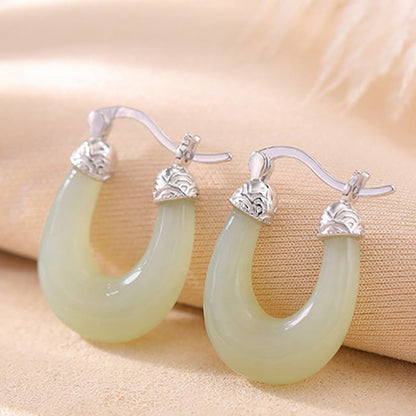 Mythstone 925 Sterling Silver Plated Gold Hetian Jade U-shaped Abundance Luck Earrings