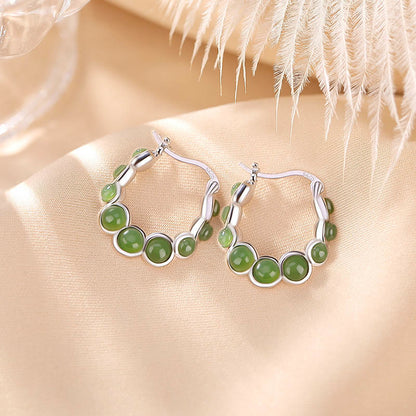 Mythstone 925 Sterling Silver Plated Gold Hetian Cyan Jade Pea Ear Clip Prosperity Earrings