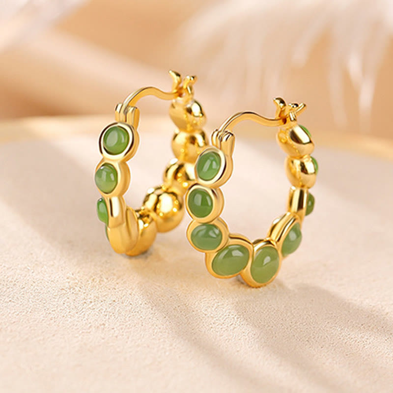 Mythstone 925 Sterling Silver Plated Gold Hetian Cyan Jade Pea Ear Clip Prosperity Earrings