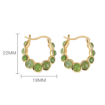 Mythstone 925 Sterling Silver Plated Gold Hetian Cyan Jade Pea Ear Clip Prosperity Earrings