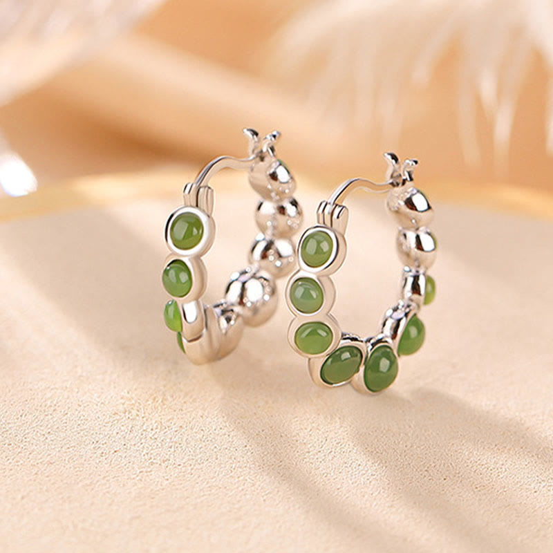 Mythstone 925 Sterling Silver Plated Gold Hetian Cyan Jade Pea Ear Clip Prosperity Earrings