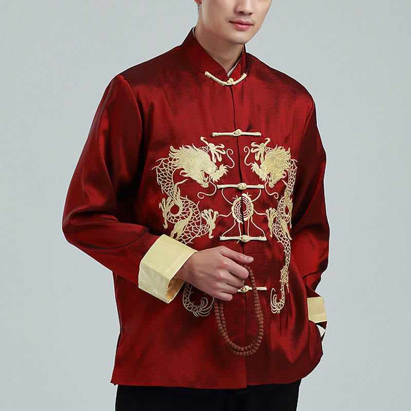 Mythstone Embroider Dragon Turned Sleeves Casual Frog-button Polyester Fiber Men's Jacket Shirt Pants Clothing