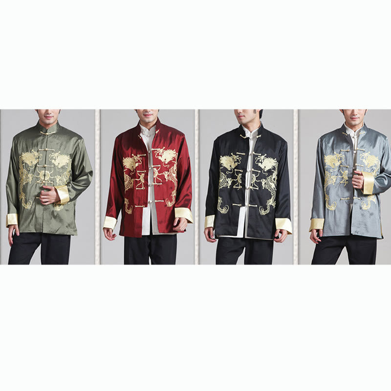 Mythstone Embroider Dragon Turned Sleeves Casual Frog-button Polyester Fiber Men's Jacket Shirt Pants Clothing