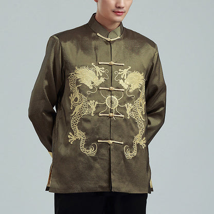 Mythstone Embroider Dragon Turned Sleeves Casual Frog-button Polyester Fiber Men's Jacket Shirt Pants Clothing