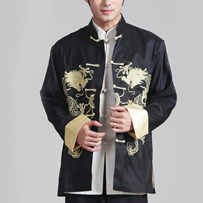 Mythstone Embroider Dragon Turned Sleeves Casual Frog-button Polyester Fiber Men's Jacket Shirt Pants Clothing