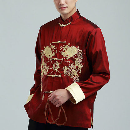 Mythstone Embroider Dragon Turned Sleeves Casual Frog-button Polyester Fiber Men's Jacket Shirt Pants Clothing