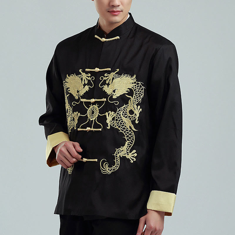 Mythstone Embroider Dragon Turned Sleeves Casual Frog-button Polyester Fiber Men's Jacket Shirt Pants Clothing