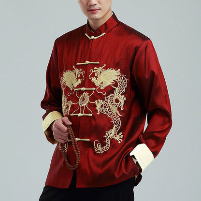 Mythstone Embroider Dragon Turned Sleeves Casual Frog-button Polyester Fiber Men's Jacket Shirt Pants Clothing